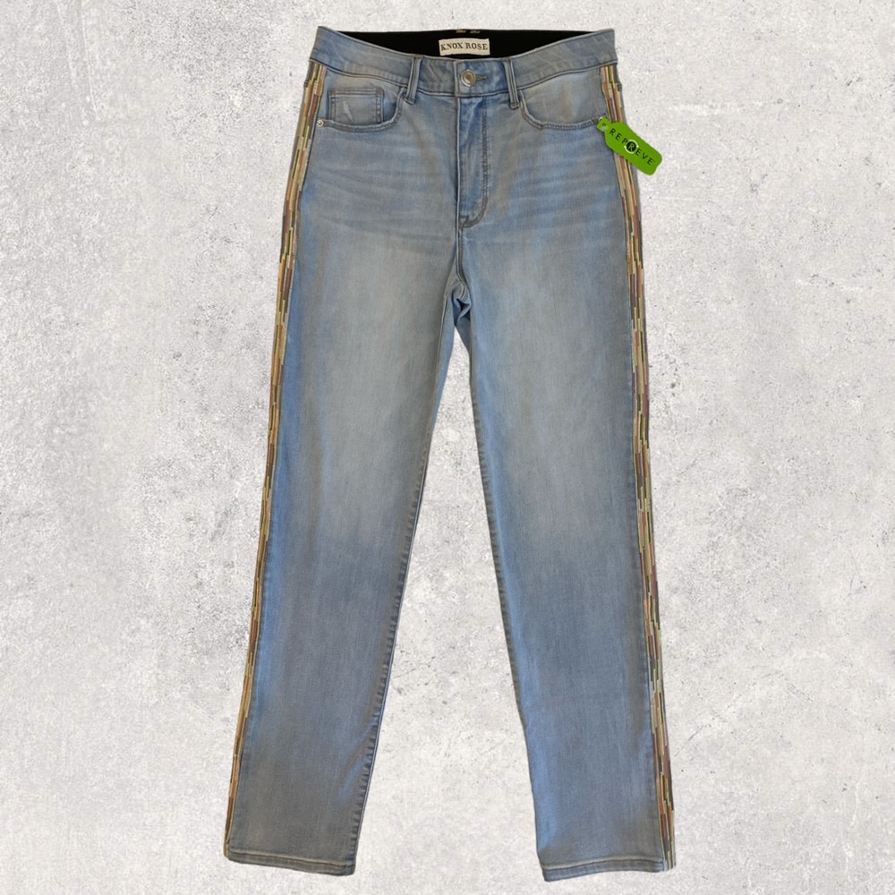 Knox Rose Light Blue Straight Leg Jeans with Multicolor Side Stripe